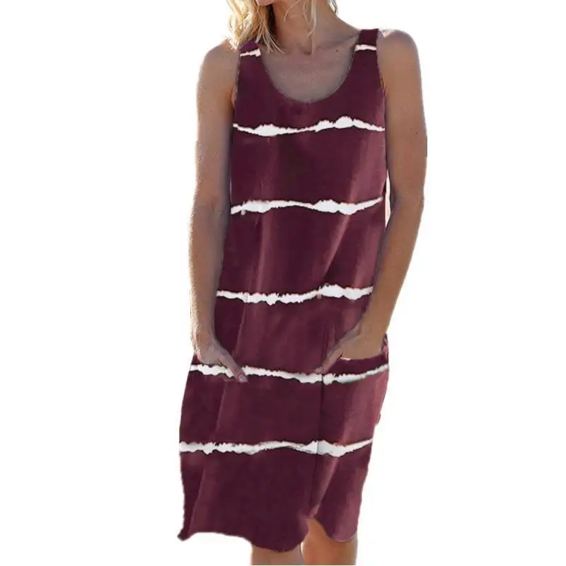 

Summer 2022 New Women Circular Neck Print Stripe Pocket Tank Dress