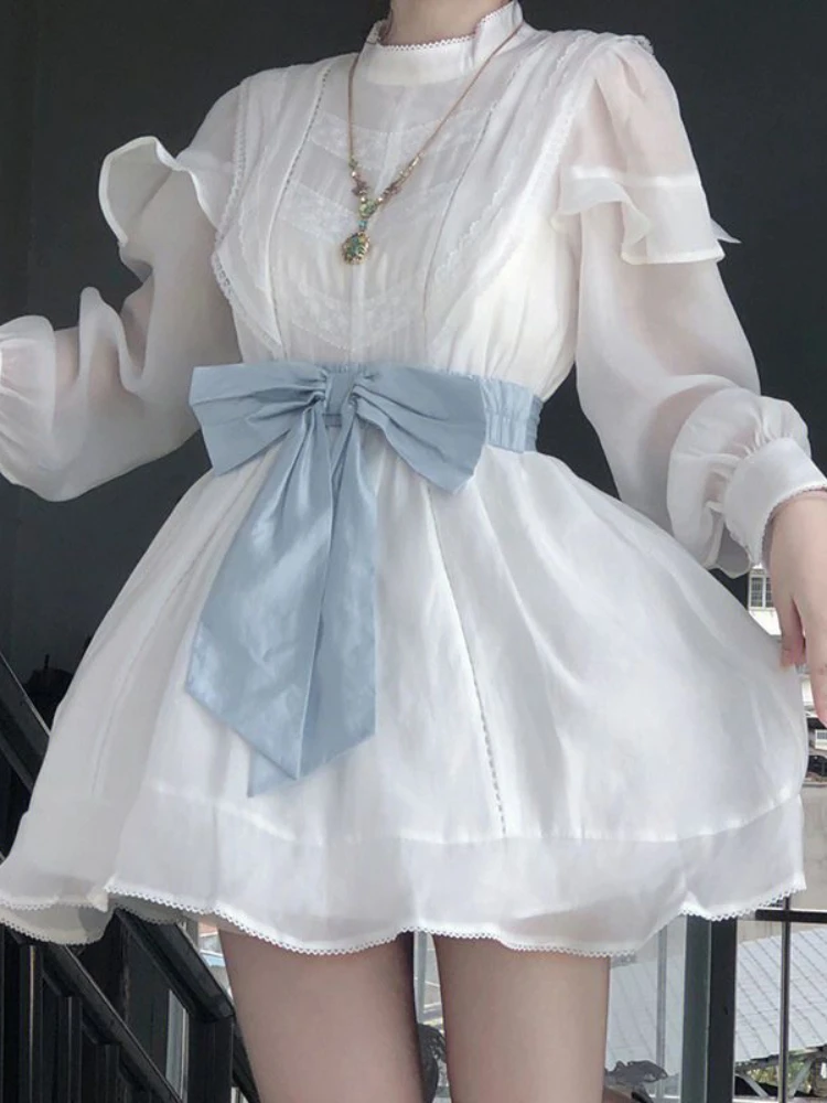 

White French Vintage Kawaii Dress Women Korean Style Elegant Party Mini Dresses Female Long Sleeve Sweet Fairy Dress Autumn 2022