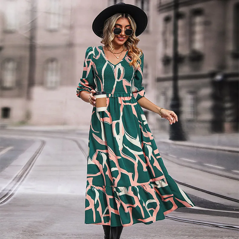 

Green V-Neck Fashion Dress For Women 2023 Summer Long Sleeve Elegant Dresses Party Vacation Beach Classy Casual Autumn Spring