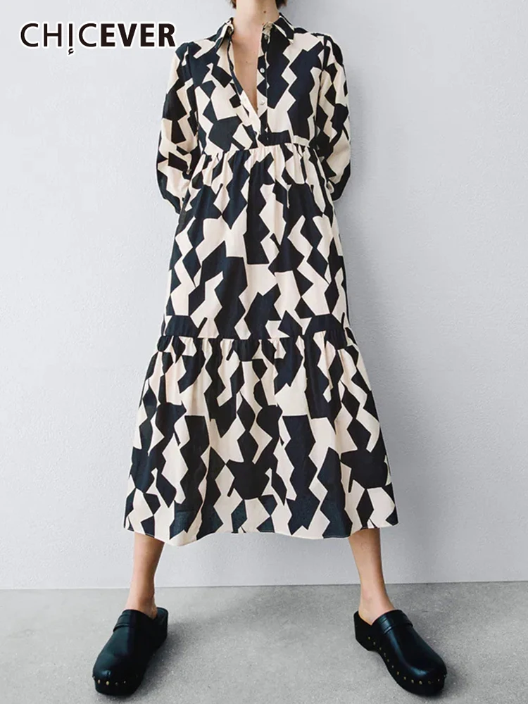 

CHICEVER Print Streetwear Dresses Female Lapel Long Sleeve High Waist Single Breasted Loose Dress For Women 2022 New Clothing