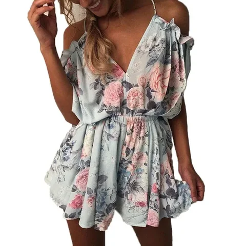 Женский богемный комбинезон с цветочным принтом, пикантный короткий топ, Повседневная пляжная одежда, на лето