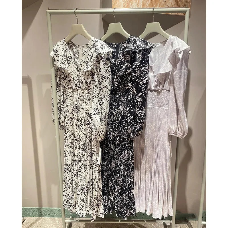 Женское плиссированное платье с цветочным принтом весеннее оборками и V-образным