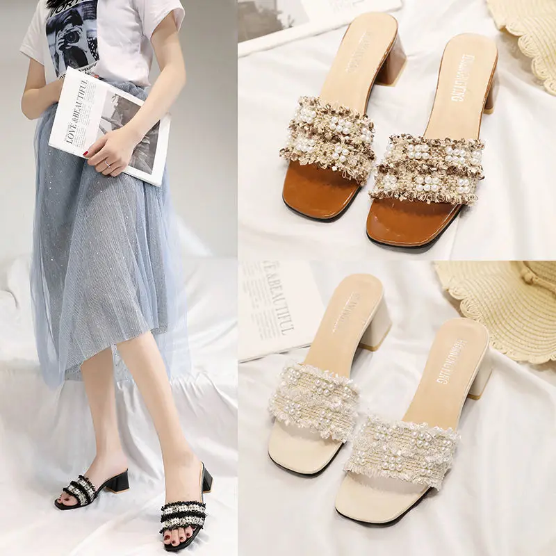 

Шлепанцы женские с квадратным носком, элегантные сандалии с цветными бусинами, уличные тапочки, летняя обувь