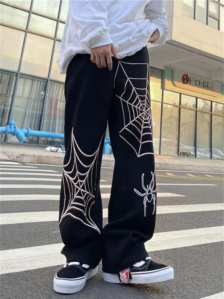 Oversized Spider Web Embroidery Straight Casual Jeans Pants Unisex Vibe Style Loose Denim Trouser Autumn Winter Streetwear Black