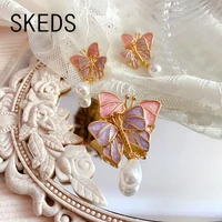 skeds elegant butterfly pearl enamel brooch earrings for women girls korean style fashion pendant exquisite insect brooch pin