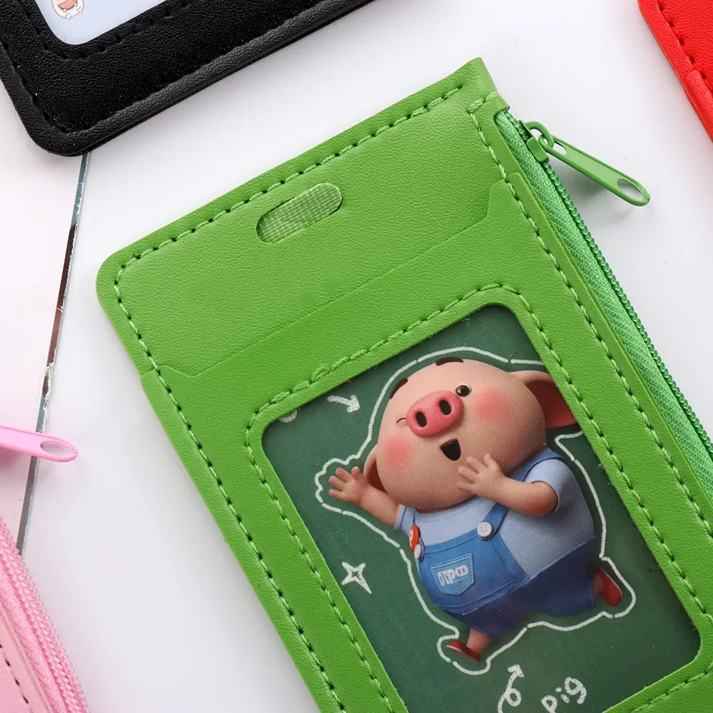 Faux Leather Card Case Fashionable ID Badge Card Holder Business Card Case Cover with Neck Lanyard  Zipper Bag