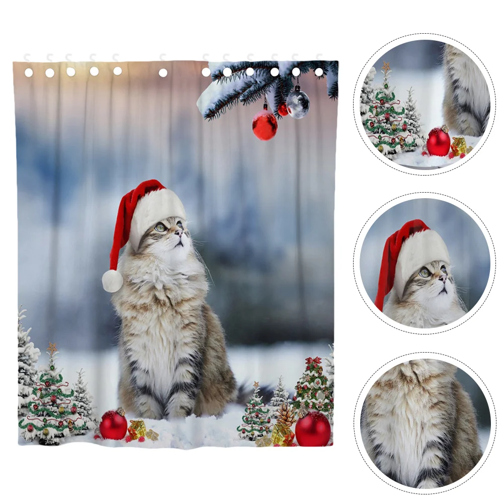 

180x180cm Christmas Cat Shower Curtain Printing Waterproof Bathroom Shower Curtains for Home