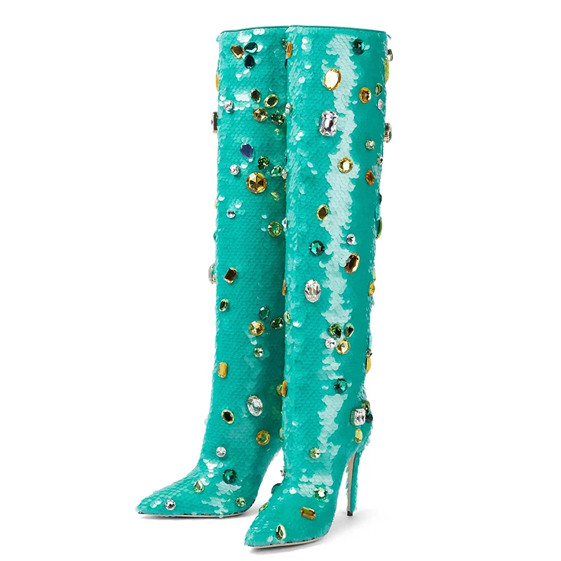 Dovereiss 2022 Fashion Slip On Clear Heels Green Bling Knee High Boots Winter New Stilettos Heels Pointed Toe Big  Size 41 42 43