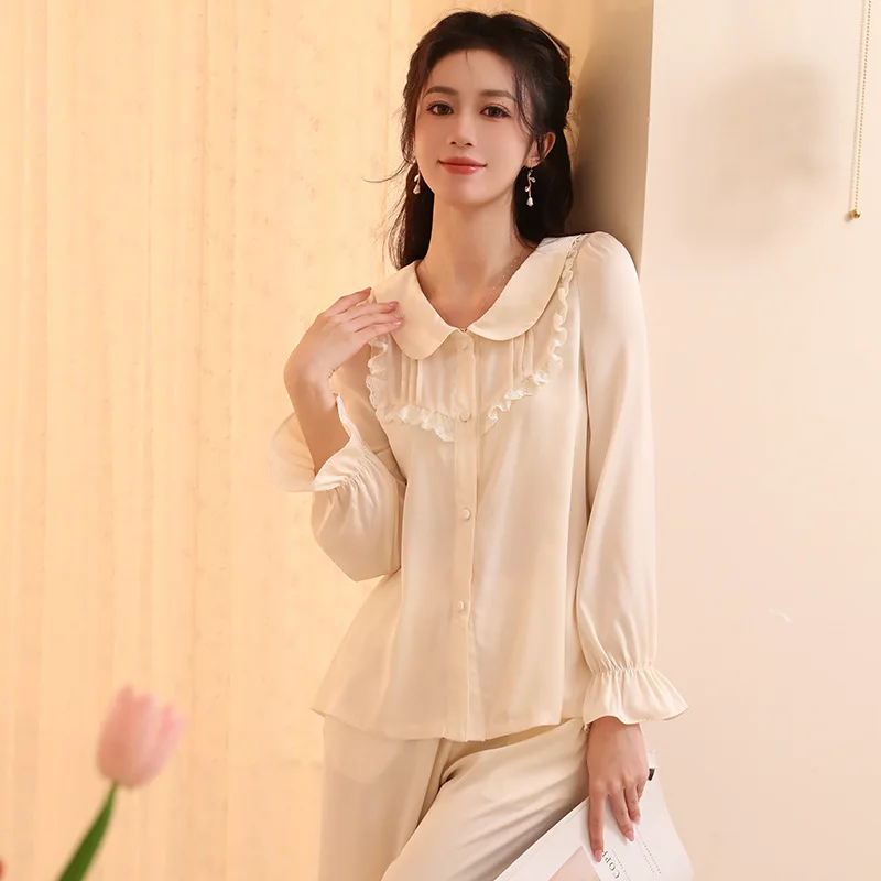 SXTHAENOO Retro Palace Ice Silk Long Sleeve Pajama Set Fashion Elegant Lapel Cardigan Loose Pajamas Suit Sleepwear пижамаженская