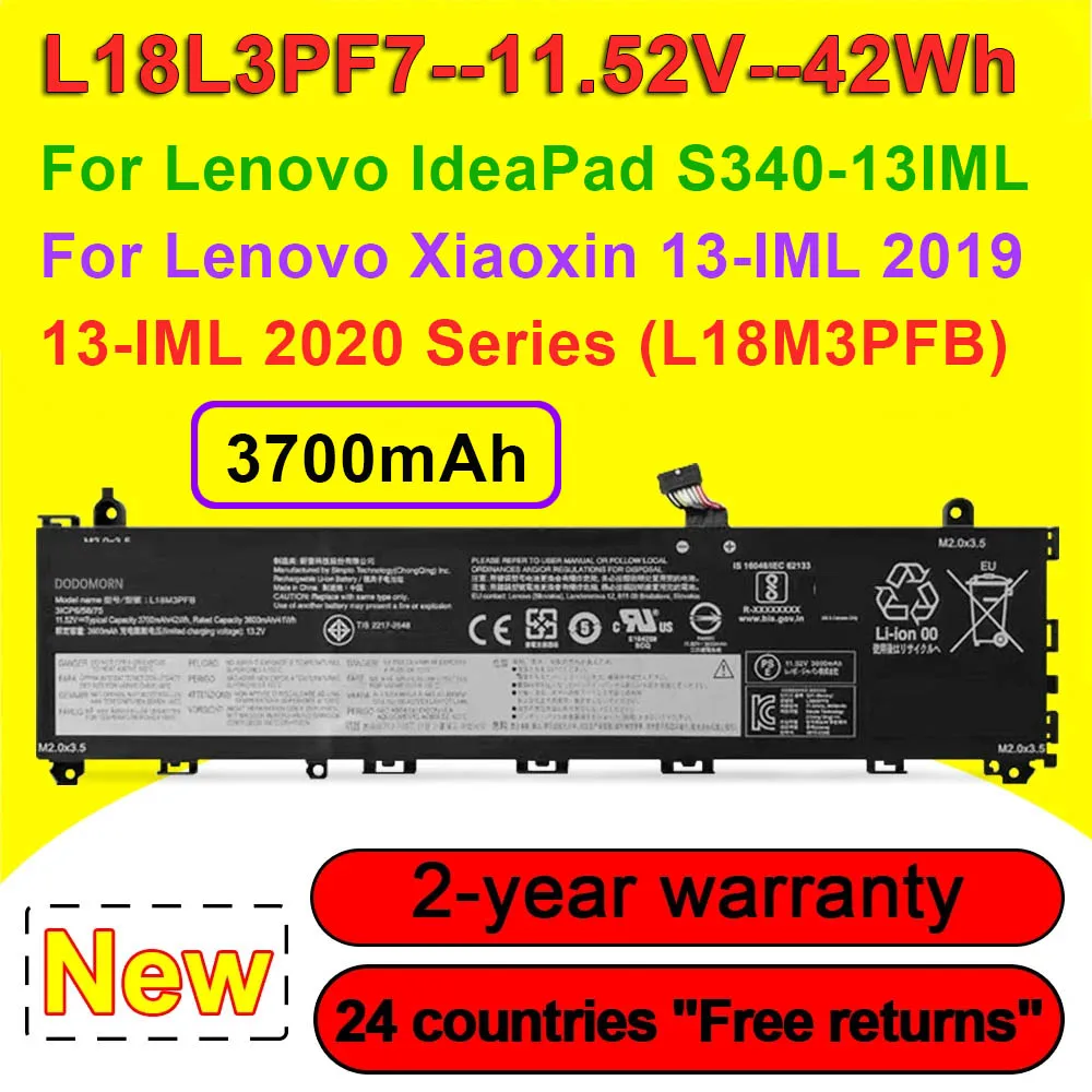 Фото L18L3PF7 Аккумулятор для ноутбука Lenovo IdeaPad S340-13-IML Xiaoxin 13-IML 2019 2020 Series L18C3PF8 L18M3PFB 11,52 В 42 Втч 3700 мАч №1