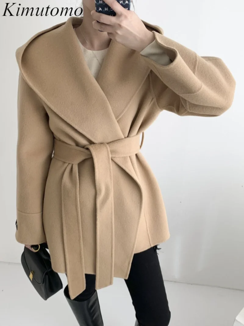 

Kimutomo элегантное свободное однотонное Женское пальто с капюшоном мягкая простая дизайнерская универсальная куртка с длинным рукавом на бре...