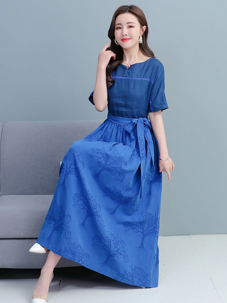 

Summer Tunics Flax Casual Midi Formal Dress 2022 Women Blue Fashion Elegant Party Prom Dresses O-Neck Floral Chic Robe Longue