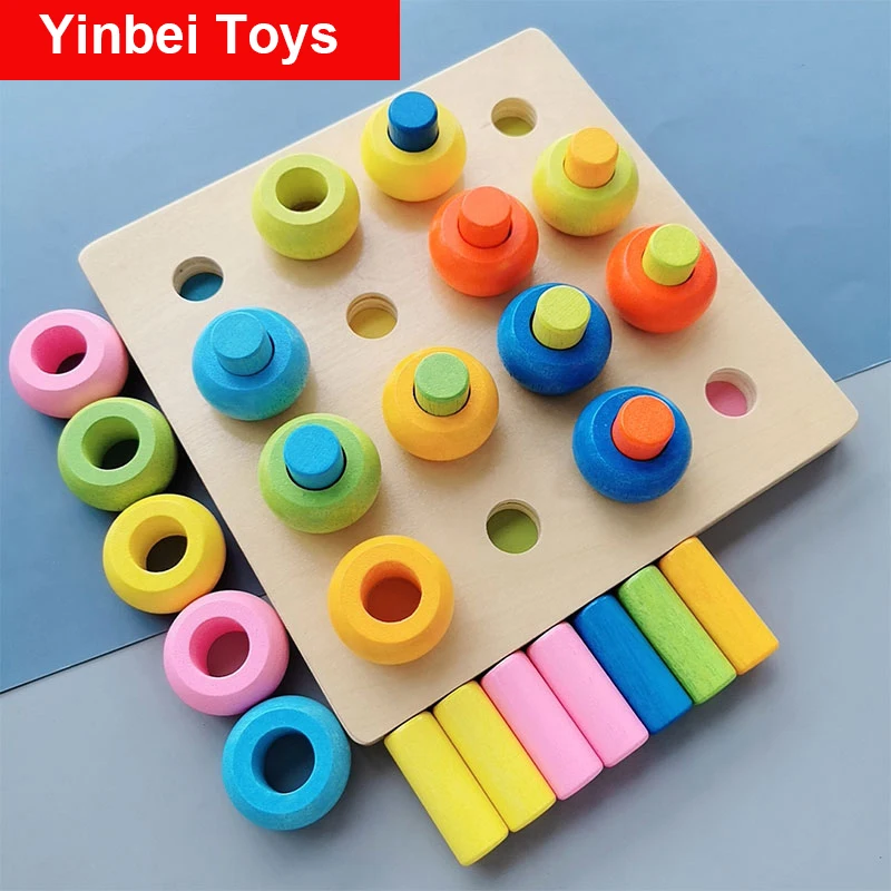 

Wooden Color Sorting Stacking Rings Board Educational Learning Counting Toys Puzzle Games for 1 Year Old Preschool Kids Children