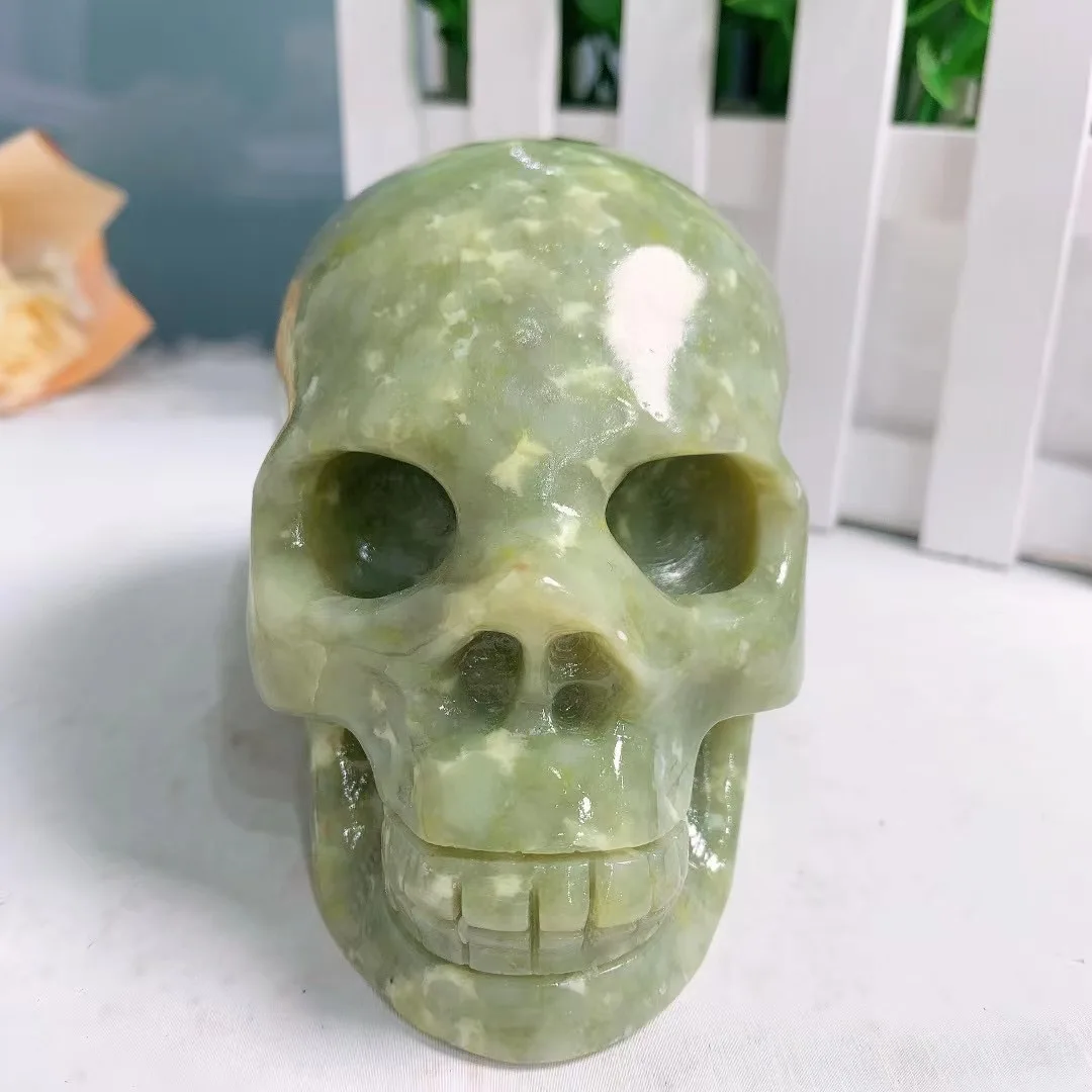 

100-110mm Natural Stone Serpentine Skull Head Halloween Ghost Crystal Carved Figurine Craft Gift Home Decoration