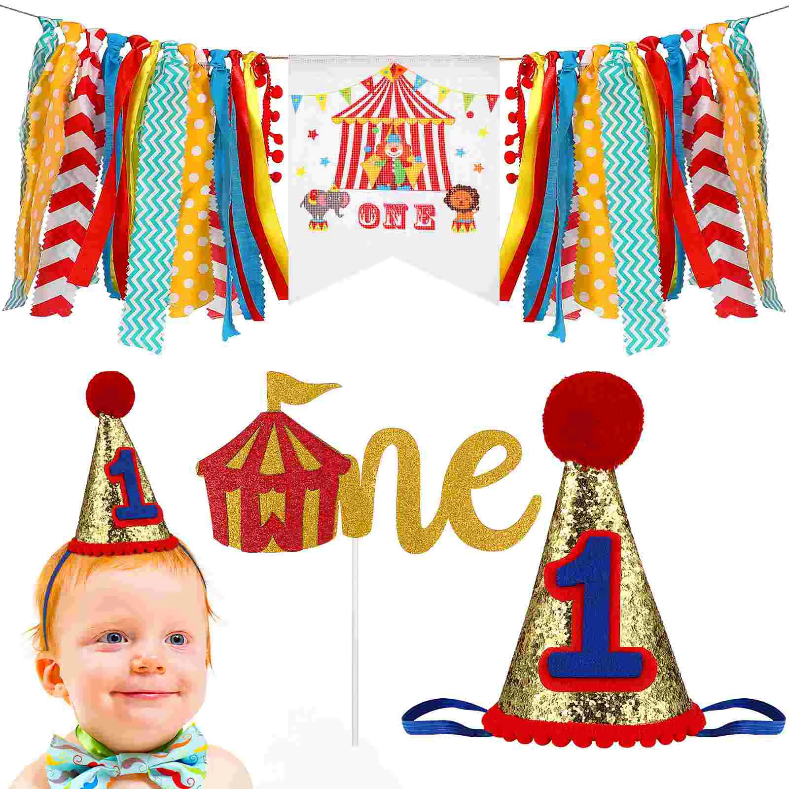 

3 Pcs Baby High Chairs Birthday Supplies Banner Decorate Decorations Kit Cake Flag Hat Crown