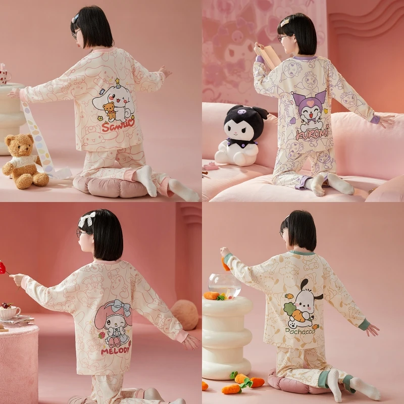 

2023 Autumn Kawaii Sanrios Pure Cotton Mother Kids Sleepwear Anime Kuromi Cinnamoroll Pochacco Children Pajamas Girls Loungewear