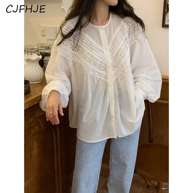 CJFHJE Новинка Женская однотонная плиссированная кружевная рубашка в стиле пэчворк