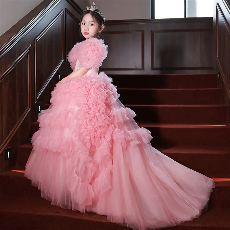 

Children Girls Luxury New Heavy Industry Pink Wedding Birthday Party Long Tail Dress Kid Teens Communication Piano Host Dress