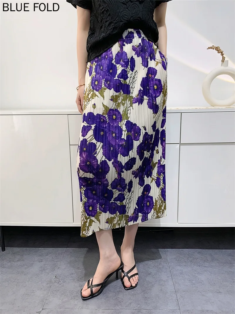 

MIYAKE Women's Summer New Digital Printing Pleated Skirt Slit Comfortable Casual Pleats Skirt Faldas Cortas Ropa Mujer