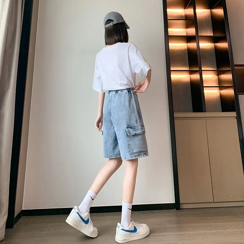 Women Baggy Cargo Wide Long Shorts Jeans High Waist Blue Bermuda Denim Shorts Female Jeans Oversize New Jean Shorts Y2K Womans