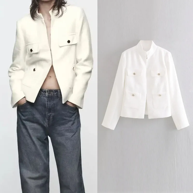 

TRAF White High Neck Blazer Woman Elegant Long Sleeves Shoulders Pad Black Jackets Women Spring Summer Female Clothing Commuter