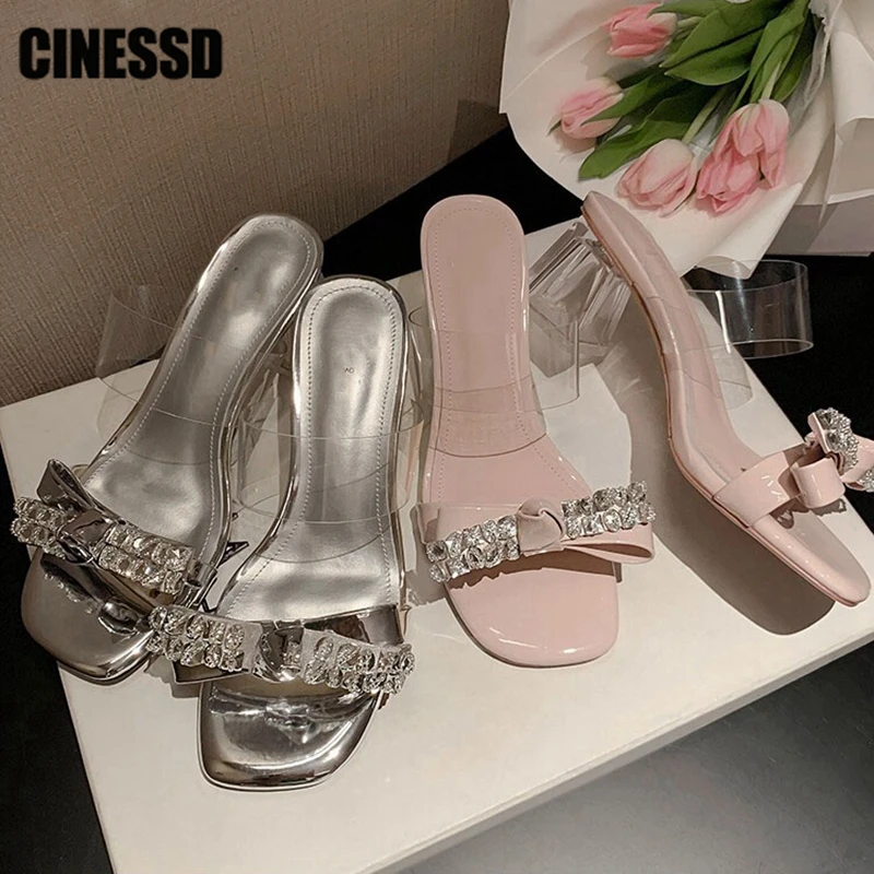 

Женские прозрачные шлепанцы с квадратным носком, на толстом каблуке