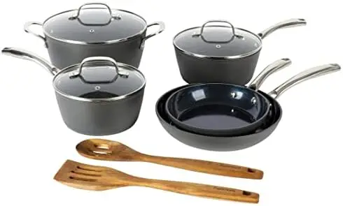 

Cyrus 10 Piece Aluminum Diamond Infused Ceramic Interior Cookware Set W/Kitchen Tools, Induction Base, & Cast Handles