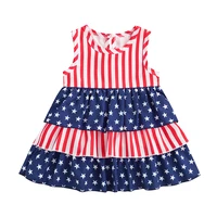 independence day girl dress children sleeveless stripe star pattern round neck ruffle hem cake skirt