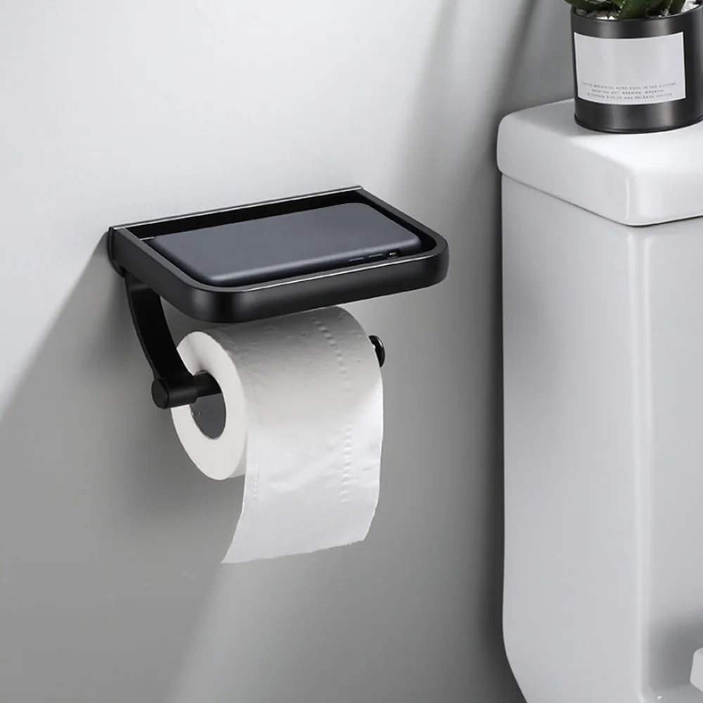 

Держатель рулонной бумаги с полкой для хранения телефона, черный настенный держатель туалетной бумаги, аксессуары для ванной комнаты
