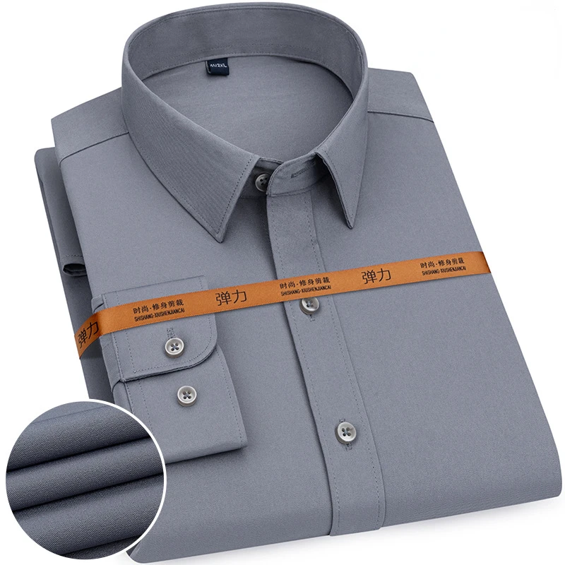 2022 New Spring and Autumn Fashion Casual Elastic Men's Shirt Long Sleeve Square Neck Business Workwear Men's Shirt