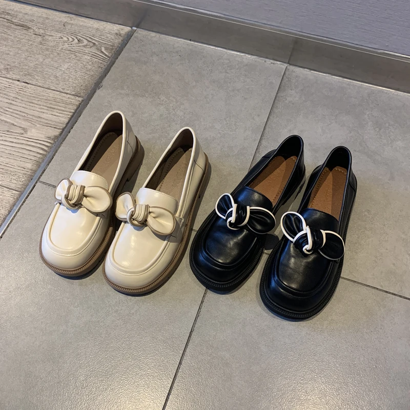 

Shoes Woman 2022 Bow-Knot Female Footwear Casual Sneaker Round Toe Soft Oxfords New Butterfly Summer Dress Retro Leather PU Spri