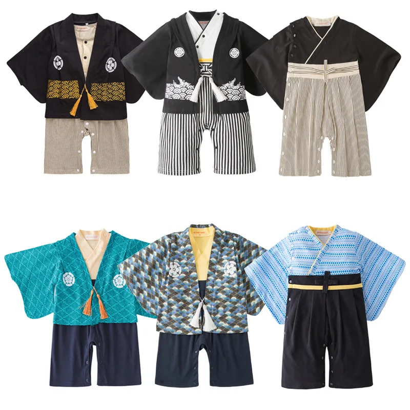 Baby Boys Japanese Kimono Style Infant Cotton Yukata Boys Jumpsuit Clothes Costume Newborn Kawaii Samurai Kimono Party Outfit