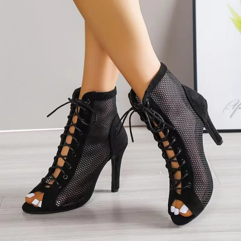 

New Sexy High Heels Hollow Mesh Sandals Summer Fashion Trend Comfort Peep Toe Boots Stilettos Jazz Dance Female Shoes Plus Size