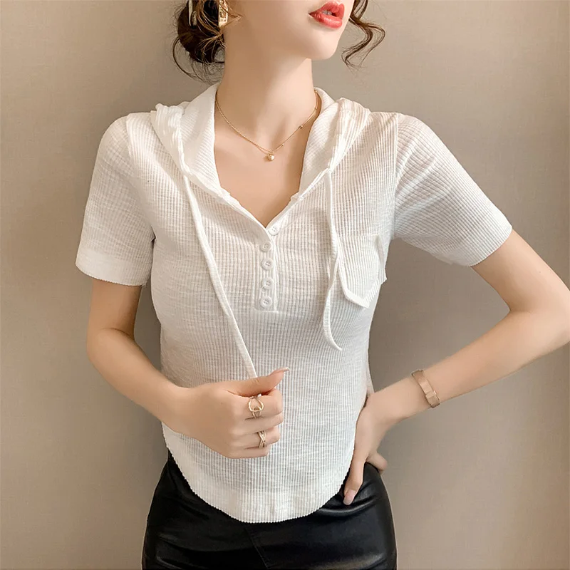 

GGRIGHT белая футболка с капюшоном с пуговицами Mujer Camisetas Повседневная Teee Shirt Femme 2022 Модные топы для женщин Лето
