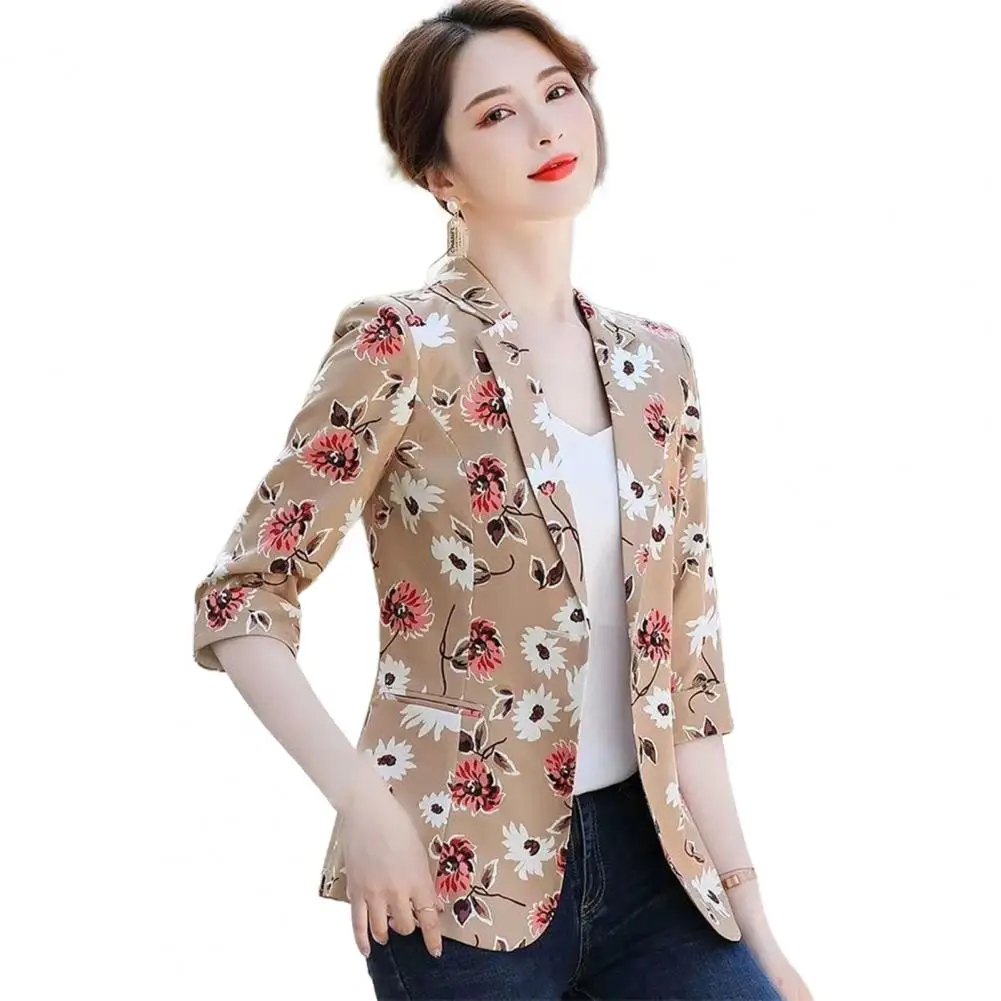 

Women Blazer Flower Printing Lapel Three Quarter Sleeves Straight Single Button Warm Slim Business Women Autumn Coat