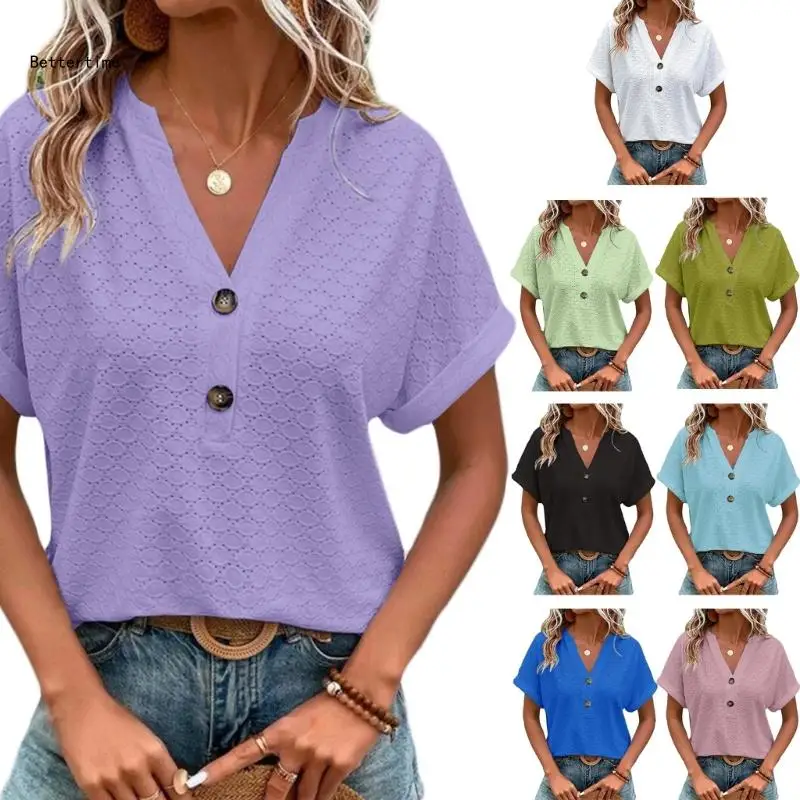 

B36D Women V-Neck Shirts Top ,Casual Short Sleeve Tshirts, Loose Fit Blouses Fashion-Summer Henley Tunics Tops Tees