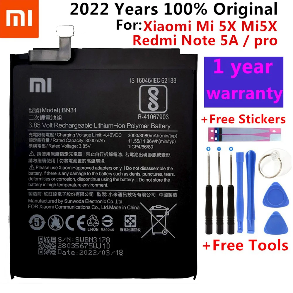 

Xiao Mi Original Phone Battery BN31 For Xiaomi Mi 5X Mi5X Redmi Note 5A / Pro Mi A1 Redmi Y1 Lite S2 3000mAh Batteries + Tools