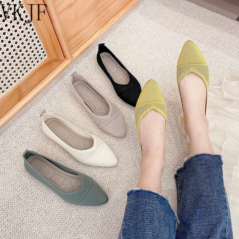 

Stretch Knit Ballet Flats Women Loafers 2022 Spring Breathable Mesh Flat Shoes Ballerina Moccasins Casual Pointed Toe Boat Shoes