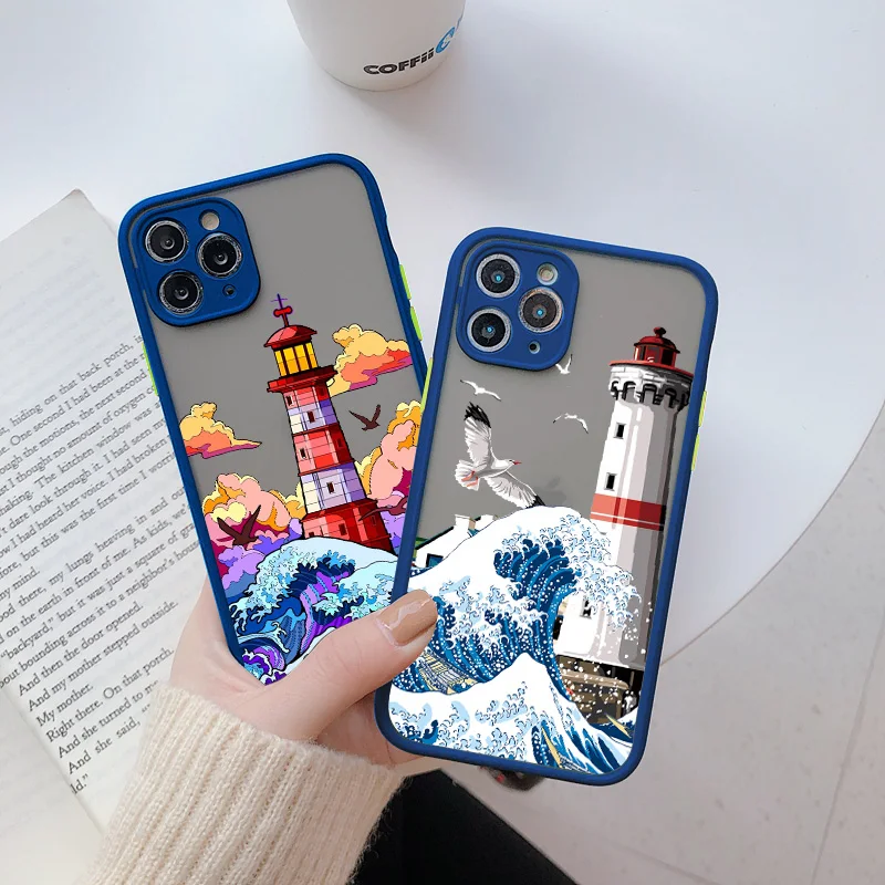 

Blue Wave Phone Case For iphone 7 8 14 Plus SE 2020 14 12 11 13 Pro Max Lighthouse Illustration Cover For iphone X XR XS Shells