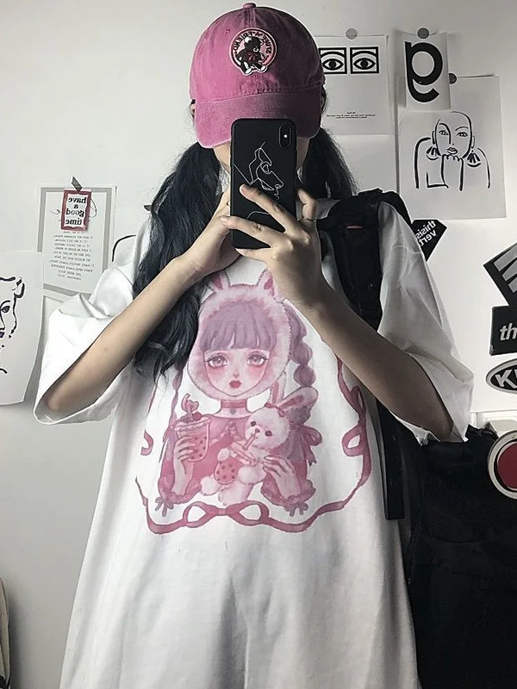 Deeptown Women Anime Print T-shirt Kawaii Cartoon Graphic Tshirt Summer Harajuku Top for Women Short Sleeve Loose Csaual 2022