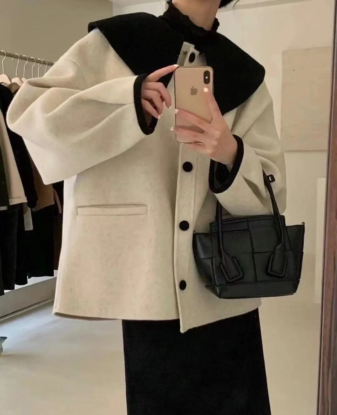 

Женское двустороннее кашемировое пальто, короткое свободное бежевое шерстяное пальто с контрастными большими лацканами, новинка 2022
