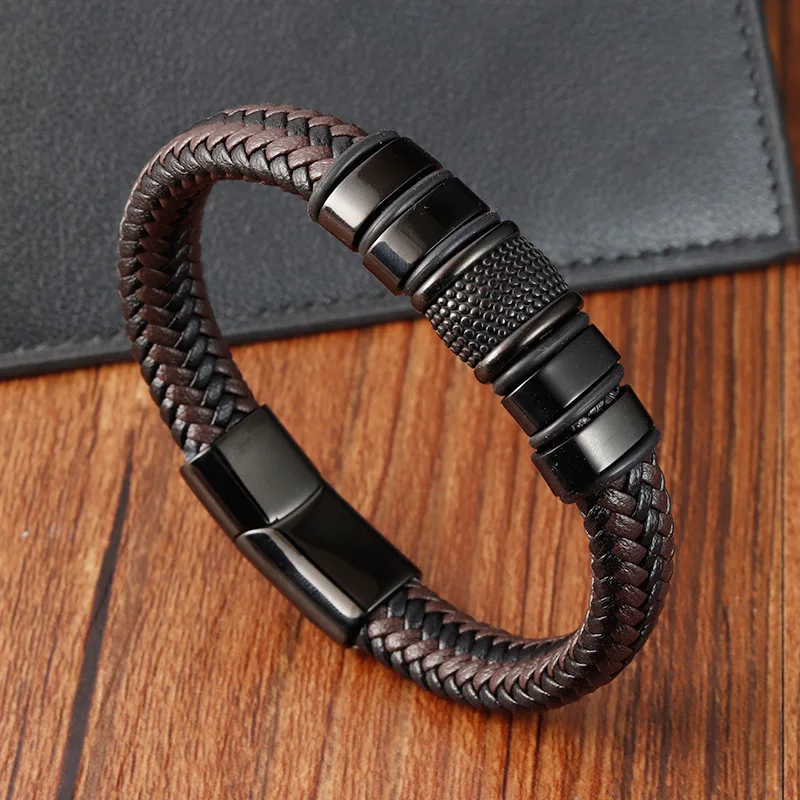 

Punk Fashion Men's Leather Bracelet Classic Charm Hand-Woven Leather Stainless Steel Bangles Men's Jewelry Gift Free Delivery
