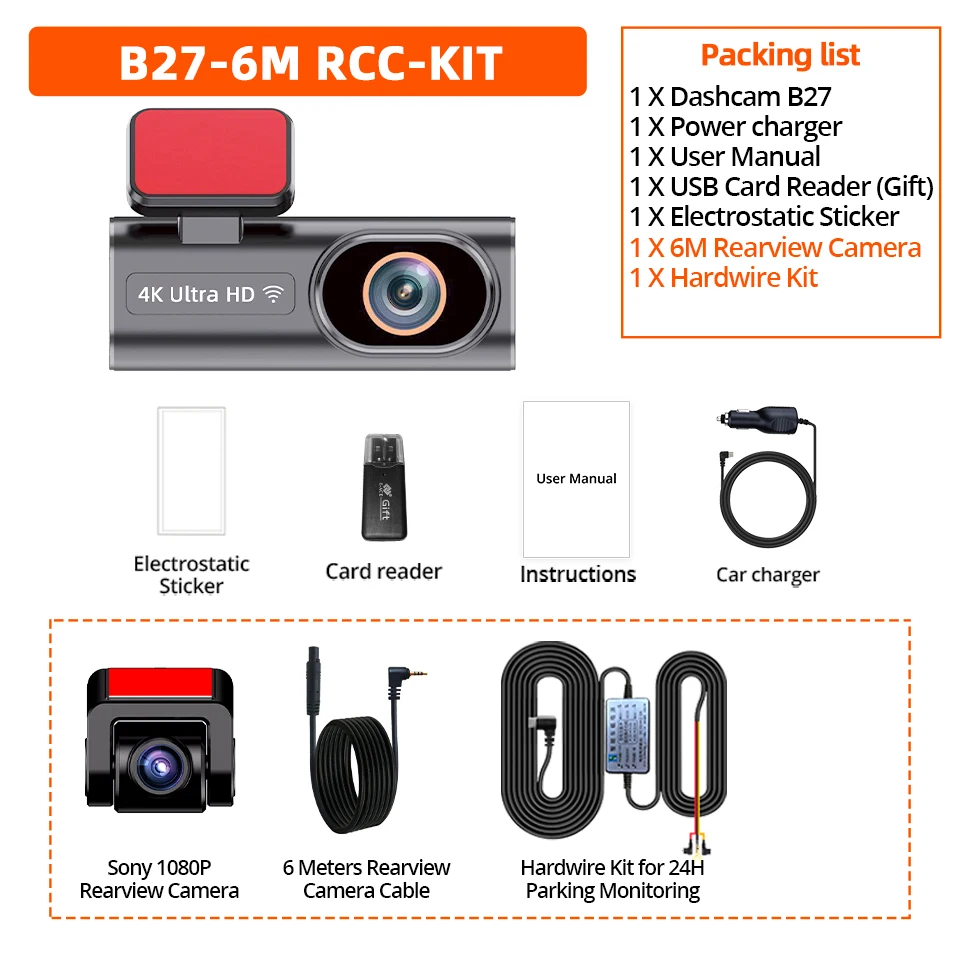 

Видеорегистратор Yangood с Wi-Fi, 4K спереди и 1080P сзади, поддержка ночного видения, циклическая запись, GPS, круглосуточная парковочная запись