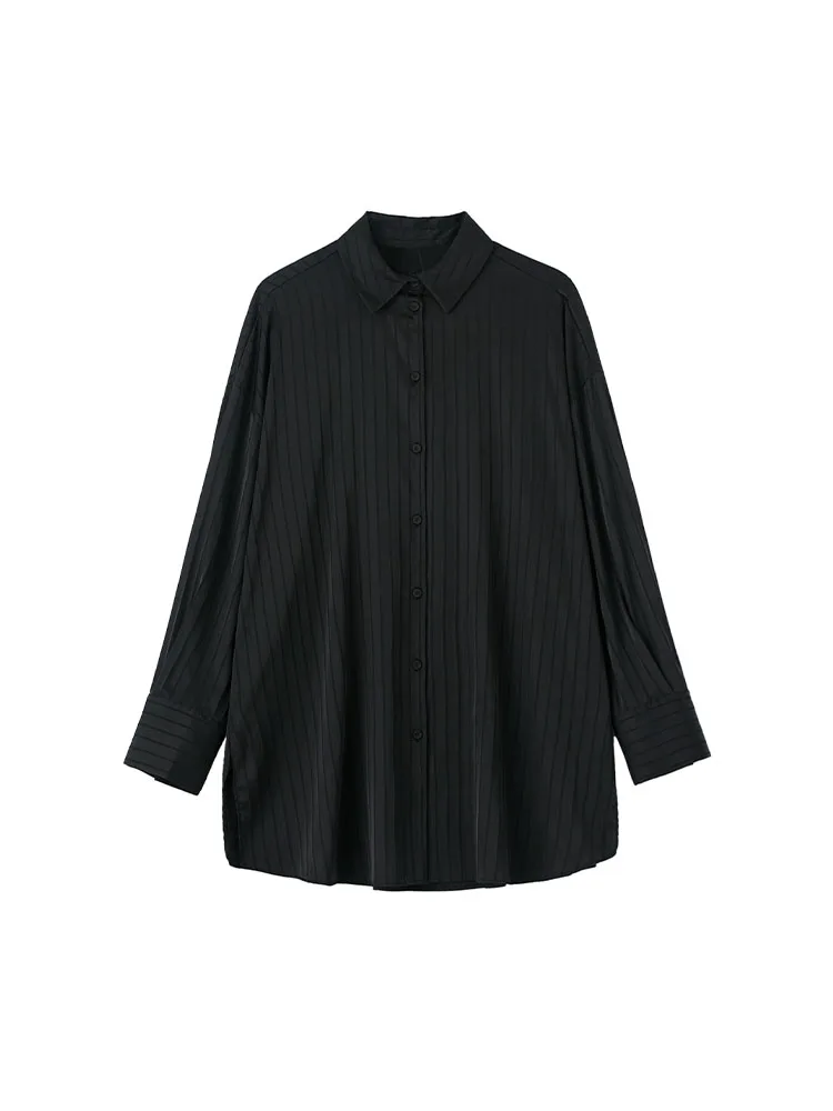 

Women's Summer 2022 New Casual Fashion Striped Silk Satin Textured Shirt Retro Lapel Loose Single Breasted Long Sleeve Top