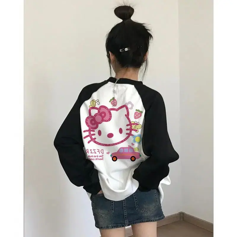 

New Fashion Y2K Sanrio Hello Kitty Girl Long Sleeve T-Shirt Oversize Loose Top Cotton T-Shirt Birthday Gift for Girls