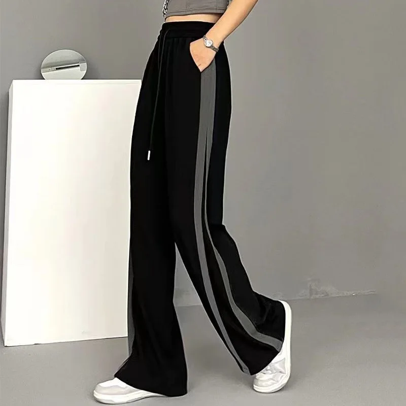 Black Patchwork Sweatpants Women Harajuku High Waist Loose Straight Drawstring Maxi Wide Leg Pants Female S-3XL