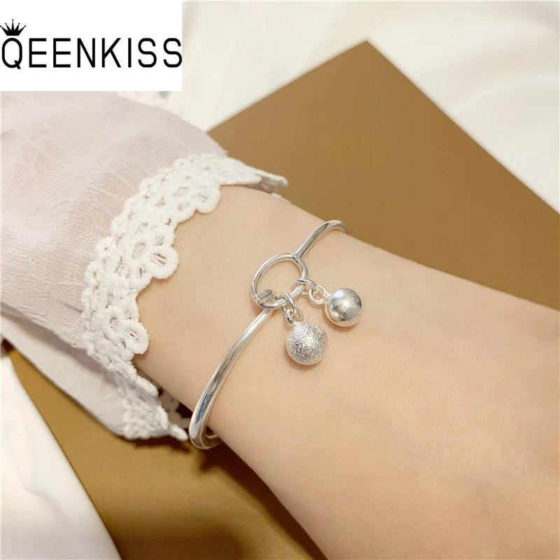 

QUEENKISS BT6166 Fine Jewelry Wholesale Fashion WomanGirl BestieMother Birthday Wedding Gift Beads Plain Silver Bracelet Bangle