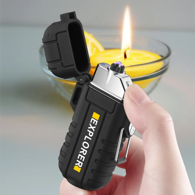 Windproof Waterproof USB Charging Lighter Outdoor Mini Flashlight Double Arc Rechargeable Plasma Lighters For Men Special Gift