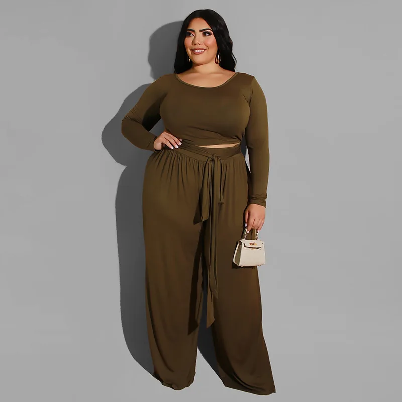 Plus Size Sets Solid Long Sleeve Plus Size Women Clothing Two Piece Set for Women Plus Size Matching Sets O-Neck Elastic Waist