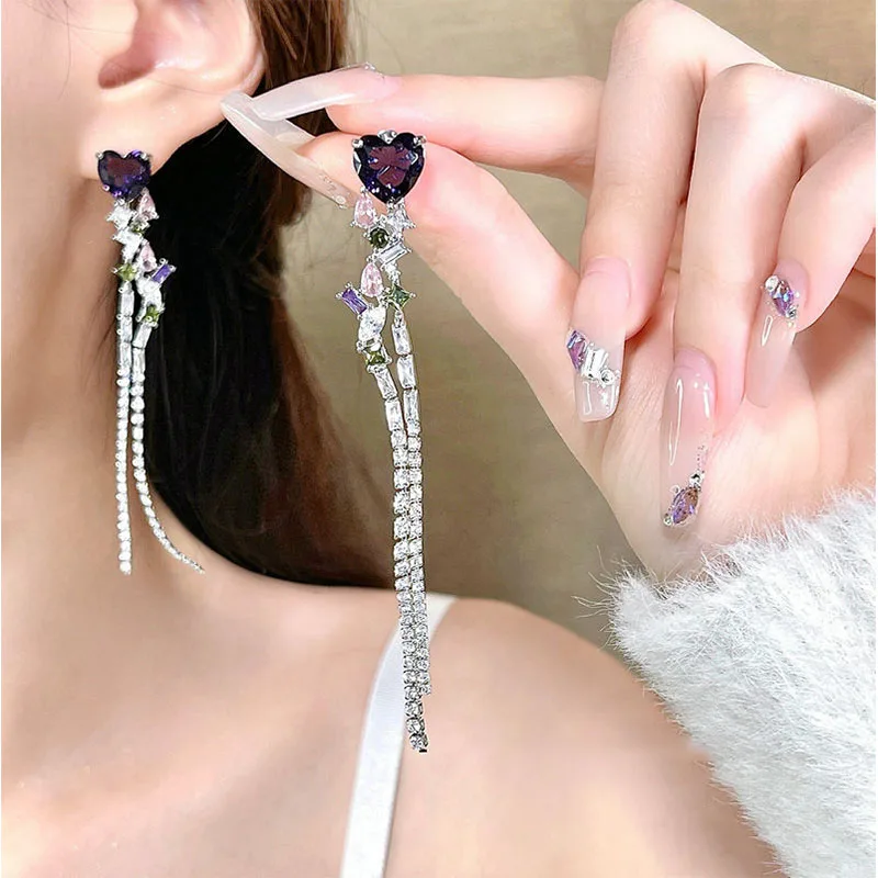 

VENTFILLE Silver Color Purple Love Heart Earring For Women Girl Multicolored Crystal Zircon Tassels Jewelry Gift Dropship